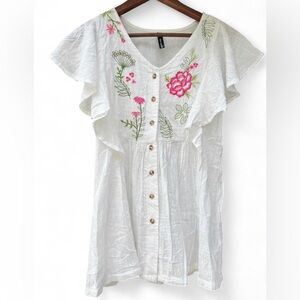 Juniper White Embroidered Floral Fairy Coastal Garden Girl Euro Summer Blouse XS
